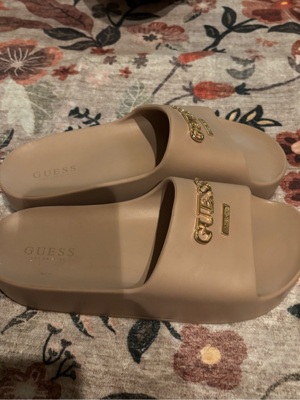 GUESS Nude Tan Slide Sandals with Gold Logo - Picture 2 of 3